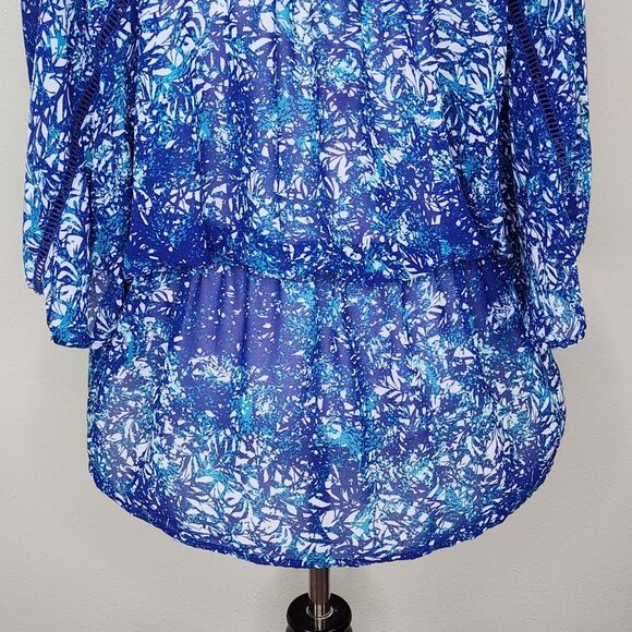 a.n.a Blue Tropical Print Chiffon Semi Sheer Kimono Sleeve Blouse Size XL - Picture 10 of 13